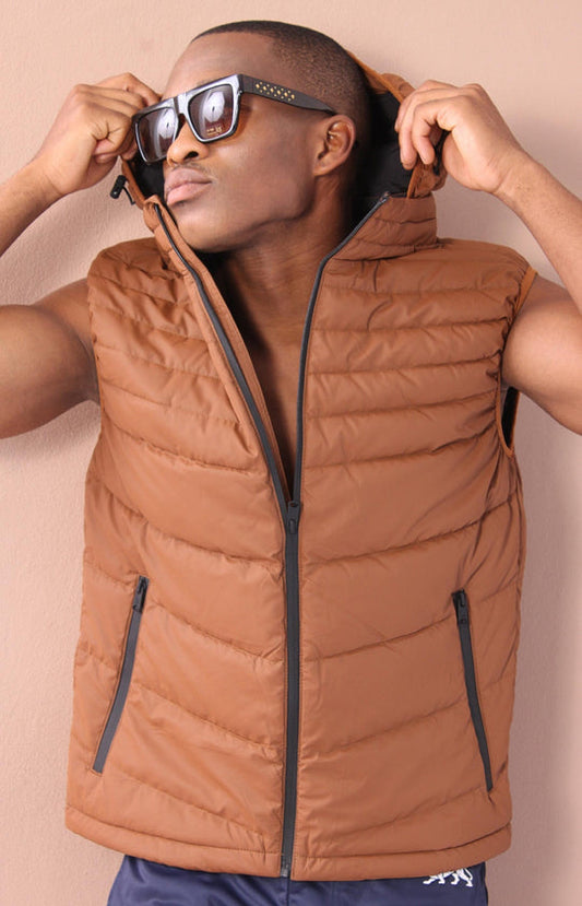 Men's Sleeveless Removable Hooded Jacket - Tan