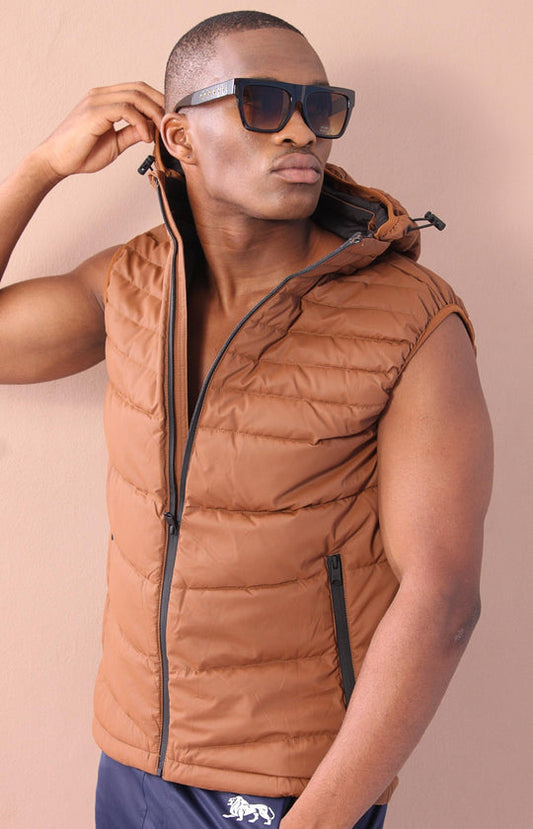 Men's Sleeveless Removable Hooded Jacket - Tan