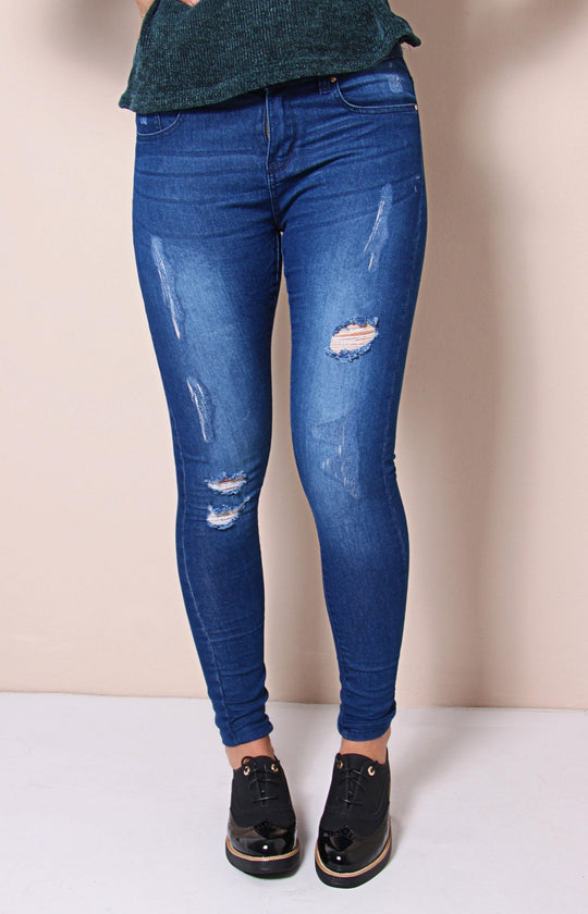 Ladies' Ripped Denim Jeans - Blue