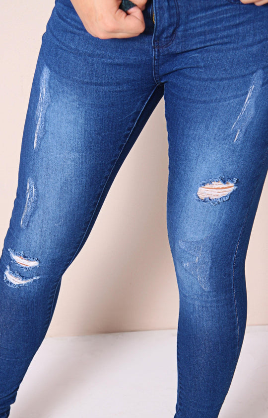 Ladies' Ripped Denim Jeans - Blue