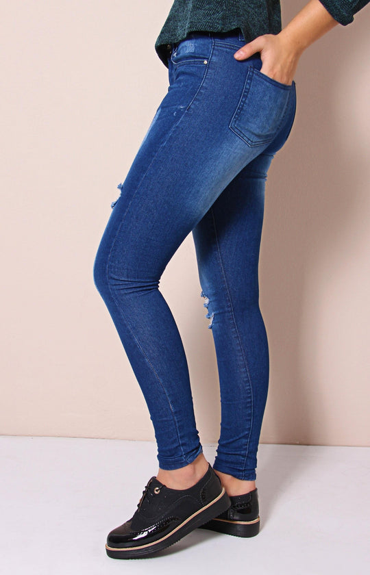 Ladies' Ripped Denim Jeans - Blue