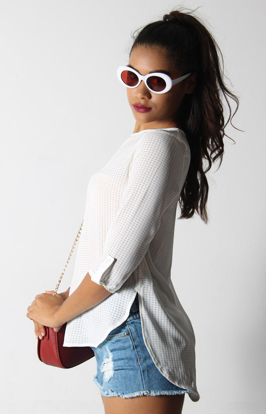 Ladies' Seersucker Tab Sleeve Blouse - Cream