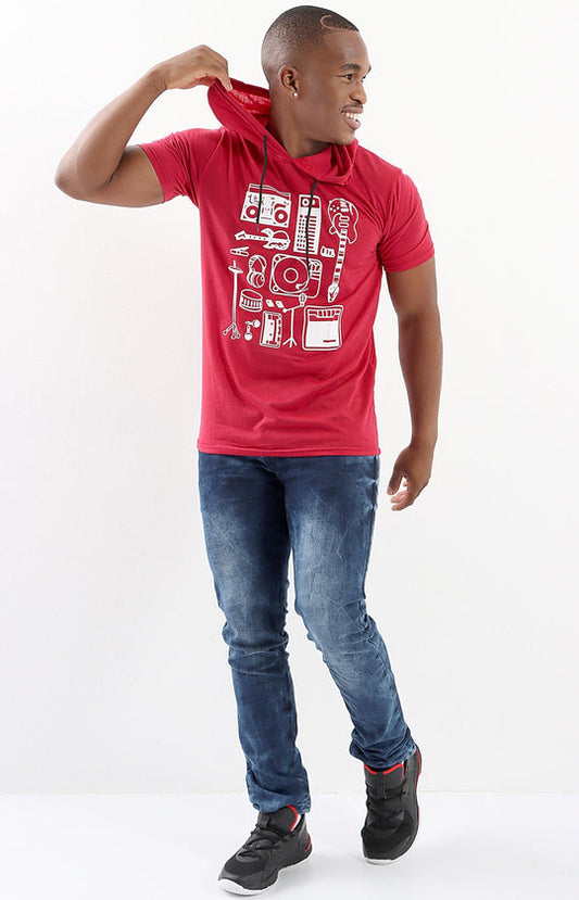 Mens Short Sleeve Hoodie - Red