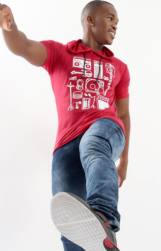 Mens Short Sleeve Hoodie - Red