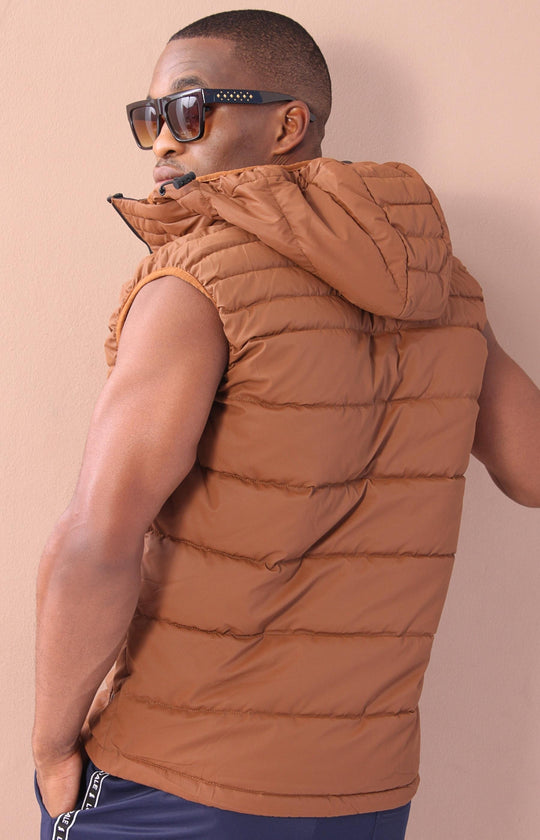 Men's Sleeveless Removable Hooded Jacket - Tan