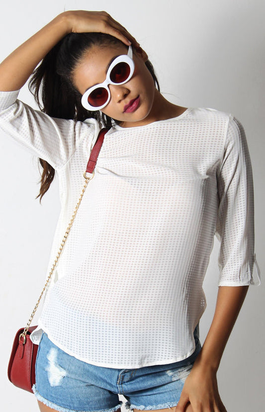 Ladies' Seersucker Tab Sleeve Blouse - Cream
