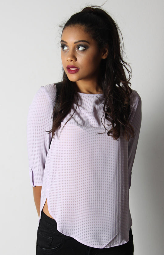 Ladies' Seersucker Tab Sleeve Blouse - Purple