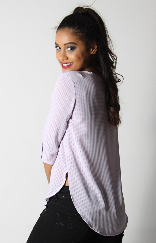 Ladies' Seersucker Tab Sleeve Blouse - Purple