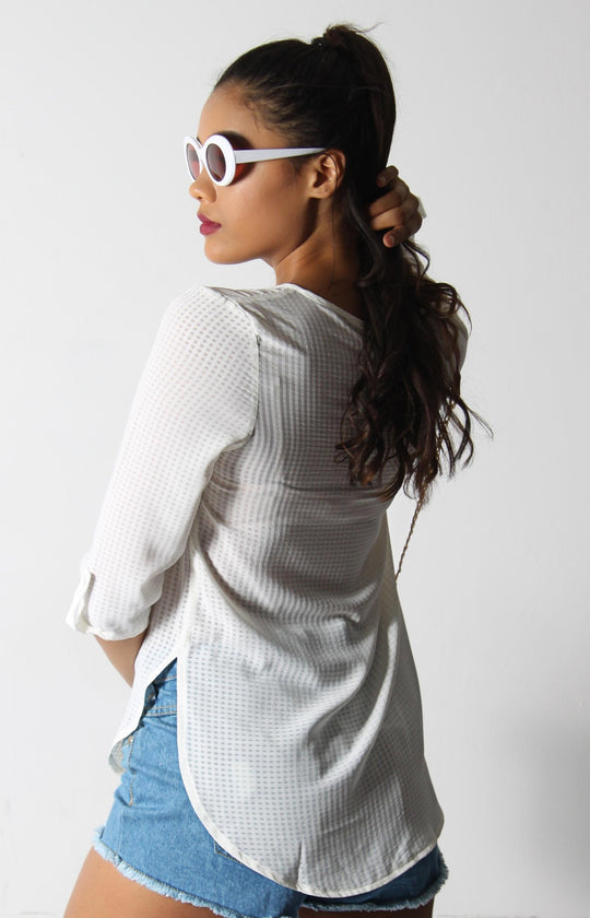 Ladies' Seersucker Tab Sleeve Blouse - Cream
